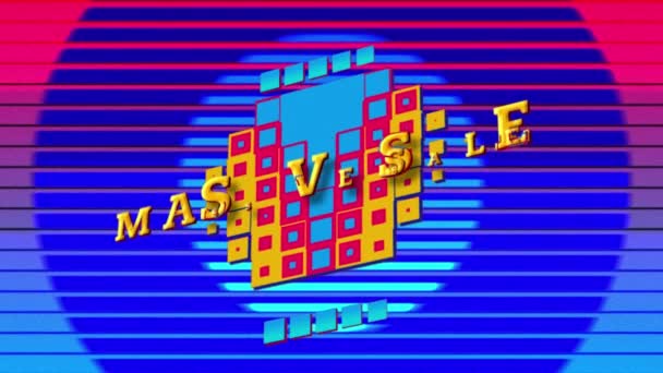 Animation Der Wörter Massiver Verkauf Gelben Buchstaben Auf Blauen Quadraten — Stockvideo