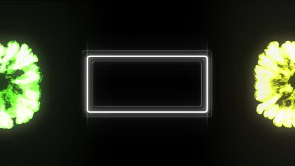 Animation de deux explosions vertes et jaunes avec cadre vert fluo scintillant, blanc et jaune au milieu sur fond noir 