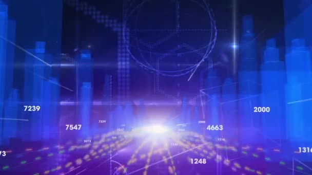 暗い青の背景に数字 接続のネットワークと移動線を持つ都市の建物の3D建築図面のアニメーション — ストック動画