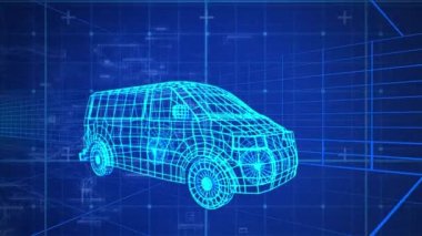 Arka planda hareket ızgarası olan mavi renkli bir minibüsün 3D teknik çiziminin animasyonu