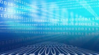 Merkezden ekran boyunca mavi arkaplan üzerinde hareket eden ikilik kodlamanın canlandırması