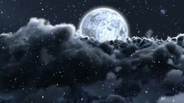 Kar yağışının animasyonu, gri arka planda bulutlar ve ay