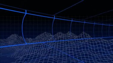 Koyu mavi arkaplan üzerinde dağların topografik haritasıyla hareket eden mavi ızgara çizgilerinin canlandırması
