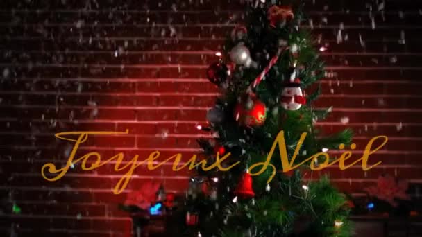 Animação Das Palavras Joyeux Noel Escrito Laranja Sobre Árvore Natal — Vídeo de Stock