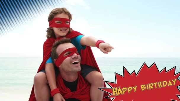 生日快乐 这个词在黄色字母中的动画出现在红色的语音泡沫中 男孩和他的父亲都打扮成超级英雄 — 图库视频影像