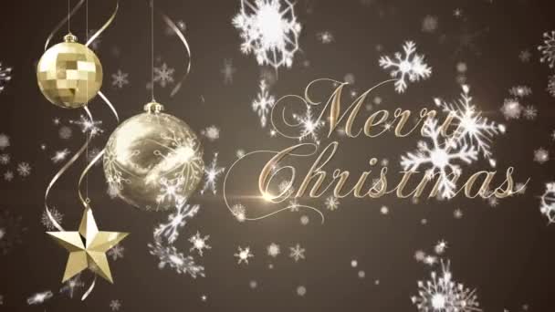 Animação Das Palavras Feliz Natal Escrito Ouro Frente Bugigangas Flocos — Vídeo de Stock