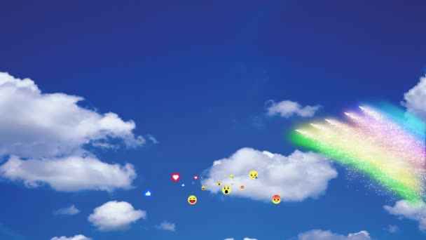 Animazione Gruppo Icone Emoji Che Sorvolano Cielo Con Arcobaleno — Video Stock