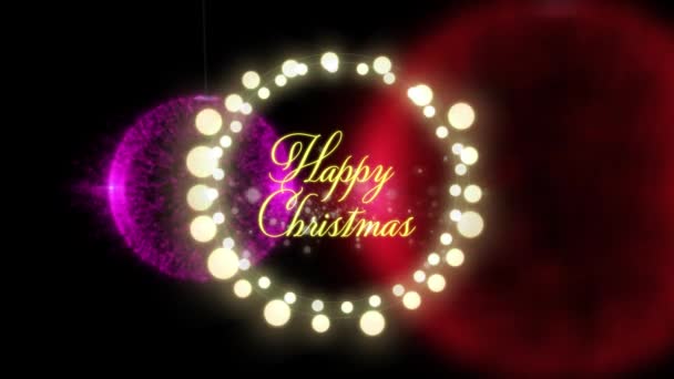 言葉のアニメーション黒い背景にカラフルな泡と輝く妖精の光の丸いフレームに黄色の文字で書かれたハッピークリスマス — ストック動画