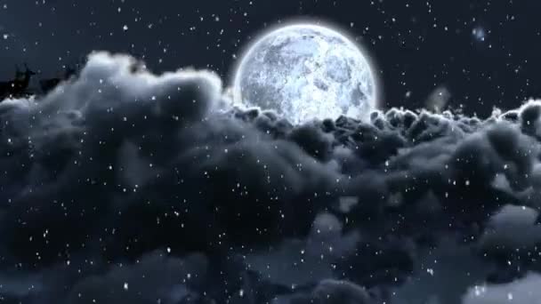 Анимация Падающих Снежинок Санта Клауса Санях Тянут Северные Олени Облака — стоковое видео