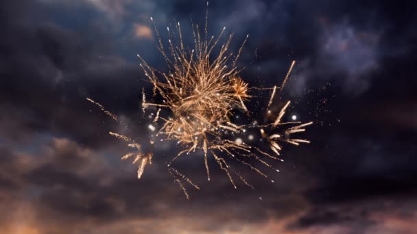 Animation Der Zahl 2020 Funkelnden Lettern Über Feuerwerk Bewölkten Himmel — Stockvideo