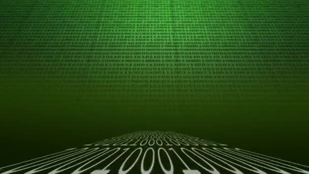 Animation de codage binaire en blanc se déplaçant du centre et en noir défilant sur un fond vert 