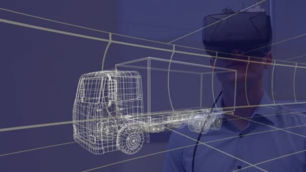 白いトラックの3D技術的な図面のアニメーション 背景に移動グリッドとVrヘッドセットの若い男と — ストック動画