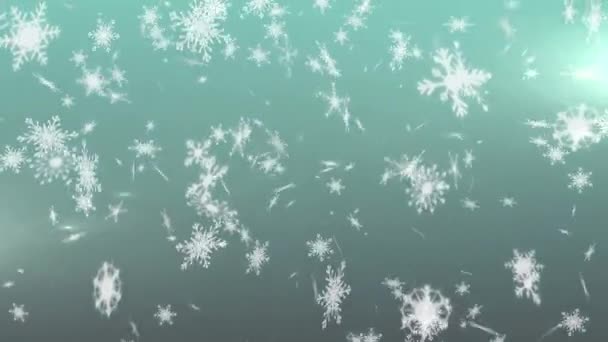 Animace Bílých Sněhových Vloček Padajících Zelené Pozadí Rozptýleným Světlem — Stock video
