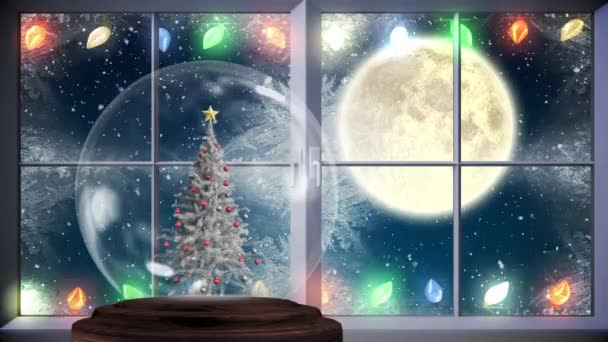 Animazione Albero Natale Ricoperto Neve Decorato Una Sfera Neve Con — Video Stock