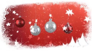 Kar yağışının animasyonu ve kırmızı arka planda mücevherlerle Noel süslemeleri