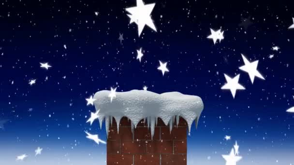 Animation Winter Scenery Night Chimney Stars Falling Blue Background — Stock Video