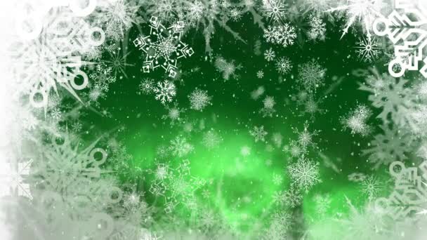 緑の背景に雪の落下 雪片やクリスマスの装飾のアニメーション — ストック動画