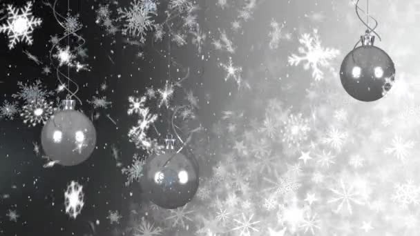 Анимация Выпадения Снега Рождественские Украшения Безделушками Сером Фоне — стоковое видео