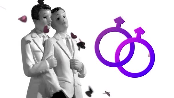 2体の紫の男性のシンボルと黒と白の画像のアニメーションは 白い背景に落ちる光沢のあるピンクのハート形のコンフェッティとネクタイとスーツを身に着けている男性の人形を受け入れる — ストック動画