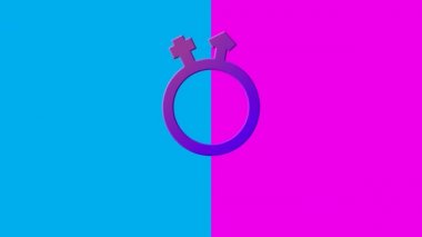 Beyaz cinsiyet akışkan kelimesinin animasyonu ve parlak pembe ve mavi arka planda mor cinsiyet sıvısı sembolü