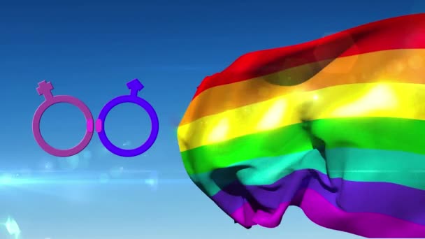 在蓝天的彩虹彩旗的映衬下 一个紫色的女性和一个紫色的男性象征的动画与粉色的等同符号连在一起 — 图库视频影像