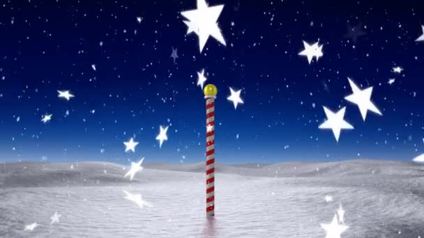 Анимация Выпадения Снега Елочные Украшения Голубом Фоне — стоковое видео