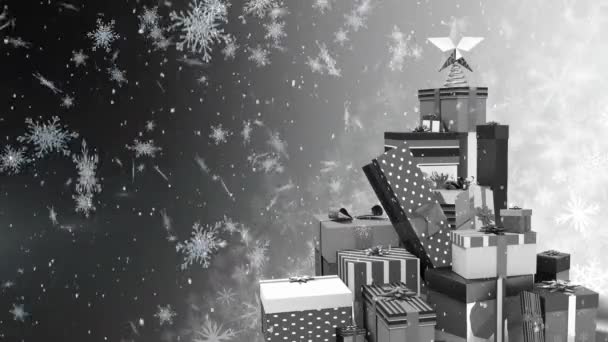 Animáció Hópehely Alá Karácsonyi Ajándékok Csillogó Szürke Háttér — Stock videók