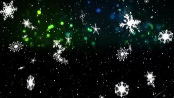 Animação Flocos Neve Estrelas Caindo Brilho Flutuando Sobre Fundo Cintilante — Vídeo de Stock