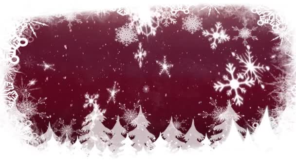 Animace Sněhových Vloček Padajících Jedlemi Červeném Pozadí — Stock video