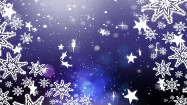 Анимация Снежинок Звезд Падающих Фиолетовом Мерцающем Фоне — стоковое видео