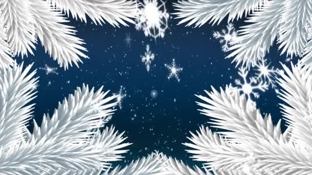 Animation Snowflakes Falling Fir Tree Branches Blue Background — Stock Video