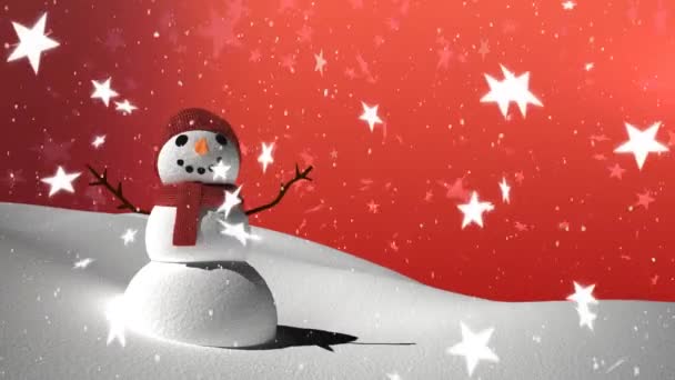 Animacja Bałwana Śniegu Gwiazd Płatków Śniegu Spadających Czerwone Tło — Wideo stockowe