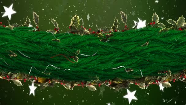 Animación Copos Nieve Estrellas Que Caen Con Decoración Verde Navidad — Vídeos de Stock