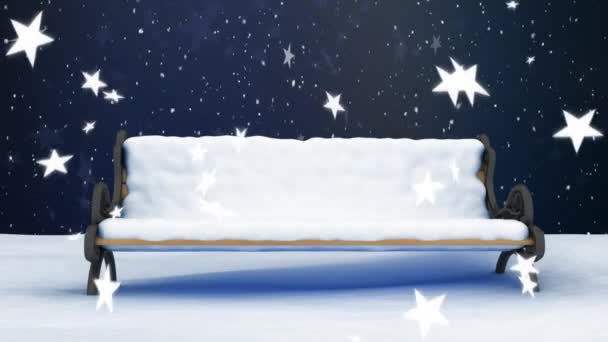 Animation Paysages Hivernaux Nuit Avec Neige Étoiles Tombant Banc Recouvert — Video