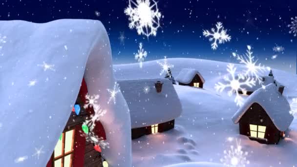 Animação Paisagem Inverno Noite Com Casas Estrelas Flocos Neve Caindo — Vídeo de Stock