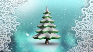 Dönen Noel ağacı animasyonu, Noel süslemeleri ve yeşil zemine düşen kar