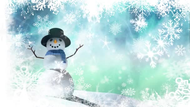 蓝底雪人与雪花一起落下的动画 — 图库视频影像