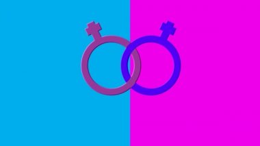 Bir menekşe ve mor kadın cinsiyet sembolünün animasyonu. Parlak pembe ve yarı mavi bir arkaplanda bağlanmış.