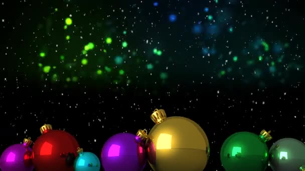 Animatie Van Glitter Zwevende Kerst Decoraties Met Kerstballen Zwarte Achtergrond — Stockvideo