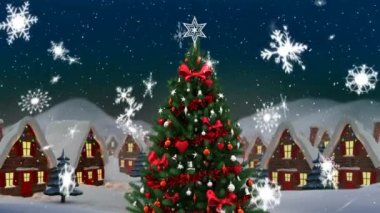Yılbaşı ağacı, evler ve kar tanelerinin mavi arka planda düştüğü bir Noel manzarası.