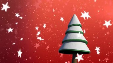 Kırmızı zemine düşen Noel ağacı, kar taneleri ve yıldızların animasyonu