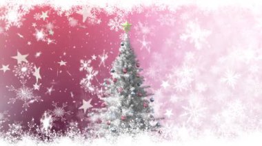 Pembe arka planda düşen Noel ağacı ve kar tanelerinin animasyonu