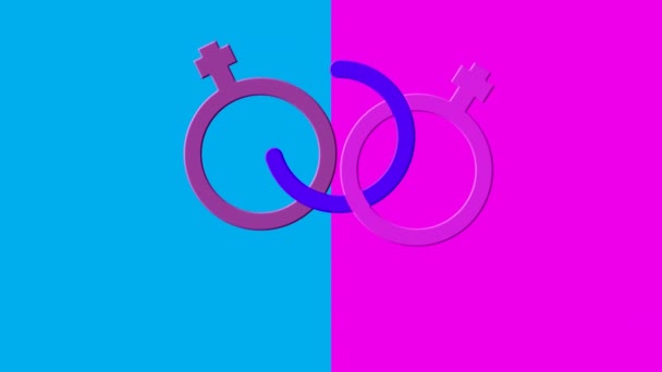 白と紫のバイセクシャルという言葉のアニメーションと明るい半分ピンクと半分青の背景に中央紫色の男性の性別記号とリンクピンクの女性の性別記号 — ストック動画