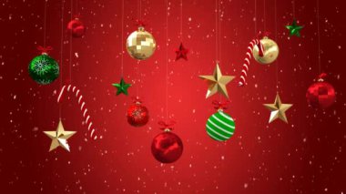 Kar yağışının animasyonu ve kırmızı arka planda mücevherlerle Noel süslemeleri