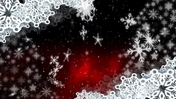 Animación Copos Nieve Cayendo Con Decoraciones Navideñas Sobre Fondo Rojo — Vídeo de stock