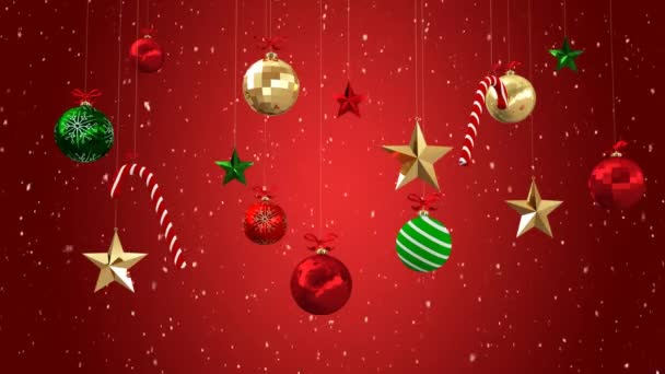 Animação Queda Neve Decorações Natal Com Bugigangas Fundo Vermelho — Vídeo de Stock