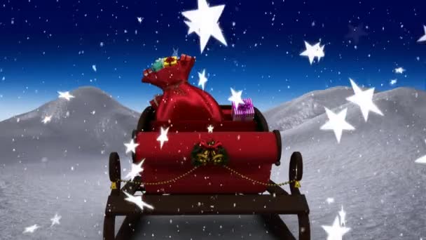 在蓝色背景下 冬季在乡间雪橇上的降雪和圣诞礼物的动画 — 图库视频影像