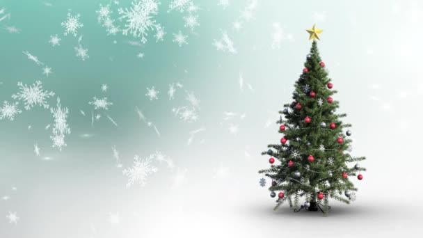 緑の背景に降るクリスマスツリーと雪のアニメーション — ストック動画