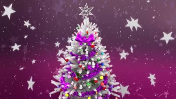 Анимация Рождественской Елки Падающего Фиолетовый Фон Снега — стоковое видео