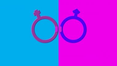 Beyaz renkli Ciscinsiyet sözcüğünün animasyonu ve menekşe bir kadın ve pembe yarı pembe yarı mavi arkaplanlı bir erkek sembolüne bağlı mor cinsiyet sembolü.
